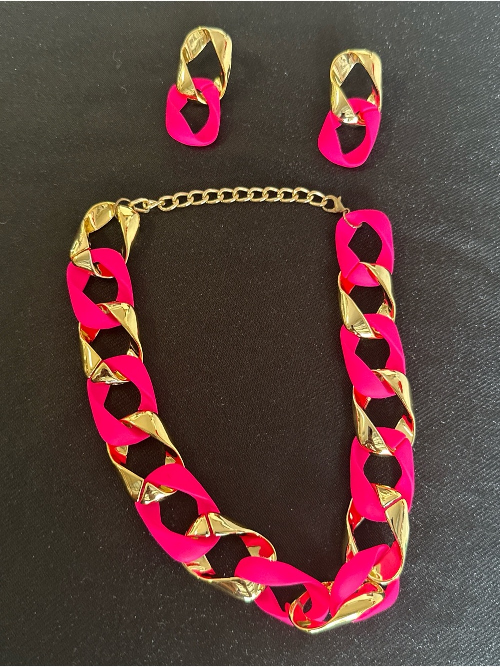 Gold and Hot Pink Chain Link Necklace and Earring Set